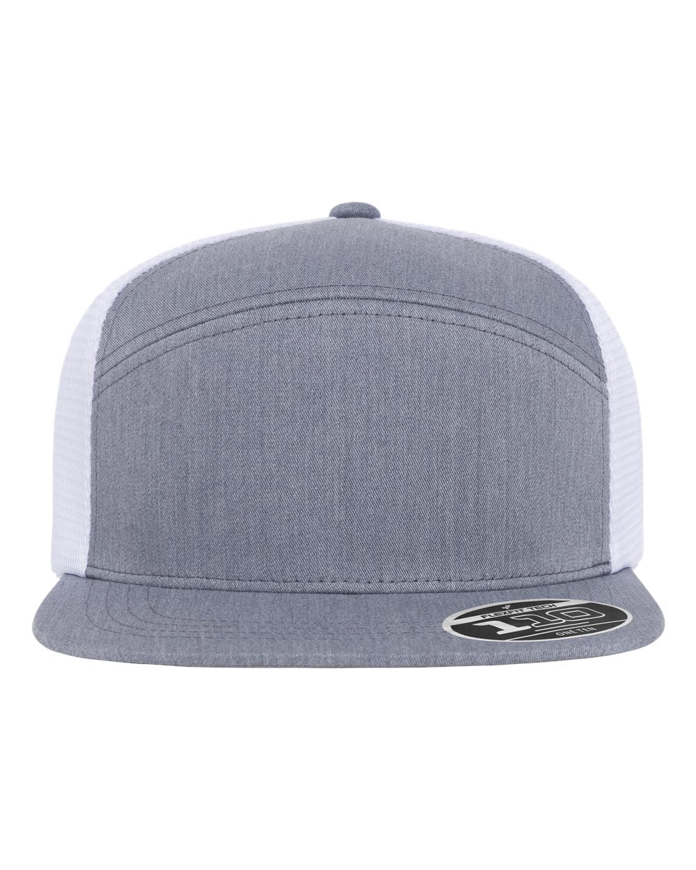 A gray and white trucker cap with a heather gray front panel and visor, white mesh back panels, and a black sticker on the brim.