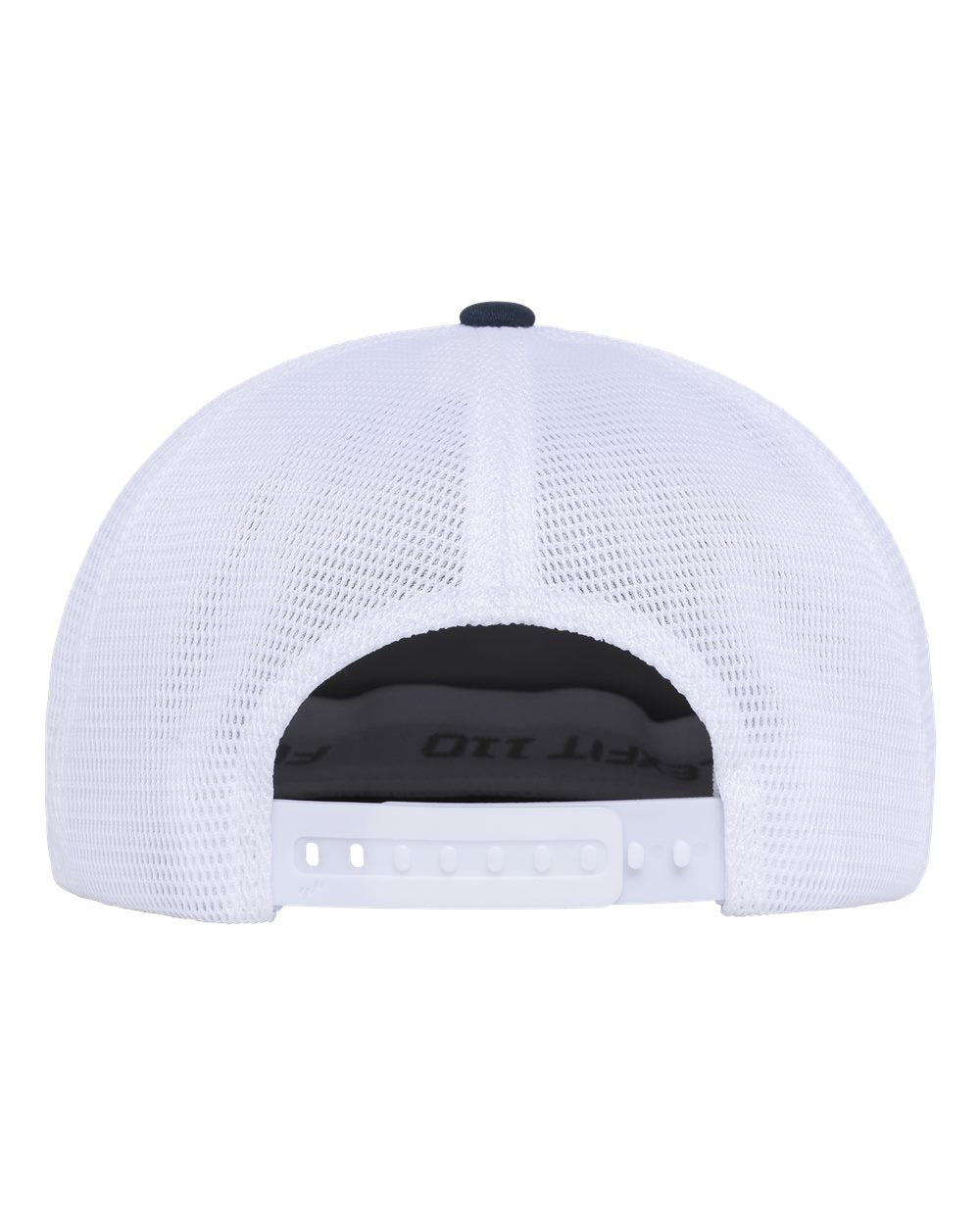 White trucker-style baseball cap shown from the back, featuring a white mesh back, a black snapback closure, and a black button on top.