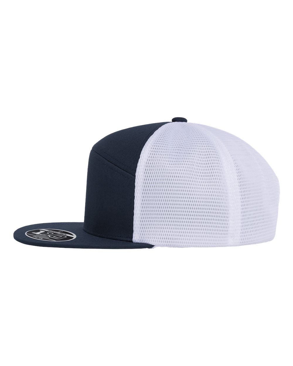 A two-tone trucker cap with a solid black front panel and brim, and a white mesh back.