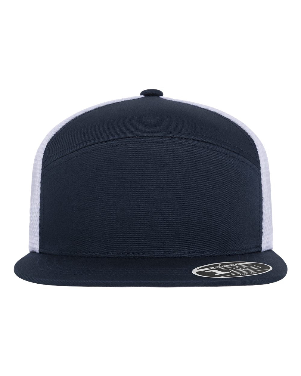 A navy blue trucker hat with white mesh side panels.