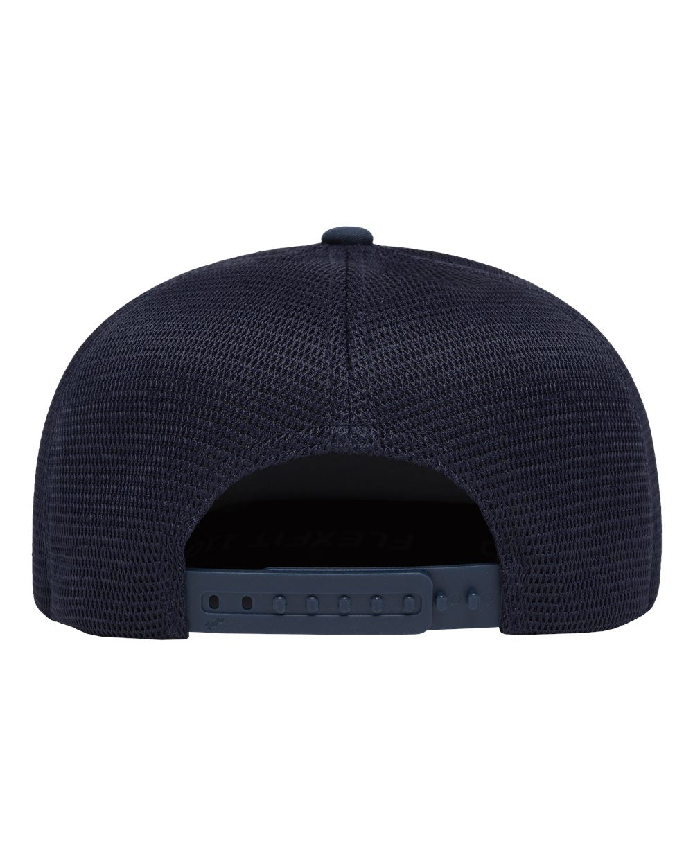 The back view of a dark navy blue mesh baseball cap with an adjustable snapback closure.