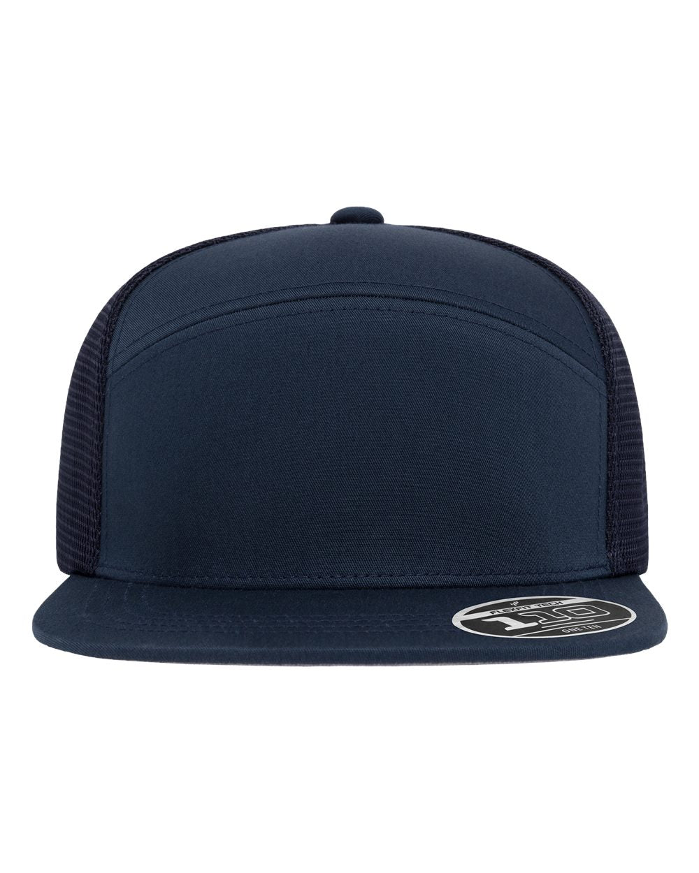 A navy blue trucker hat with a structured front panel, flat brim, and dark mesh back, featuring a circular silver and black sticker on the brim.