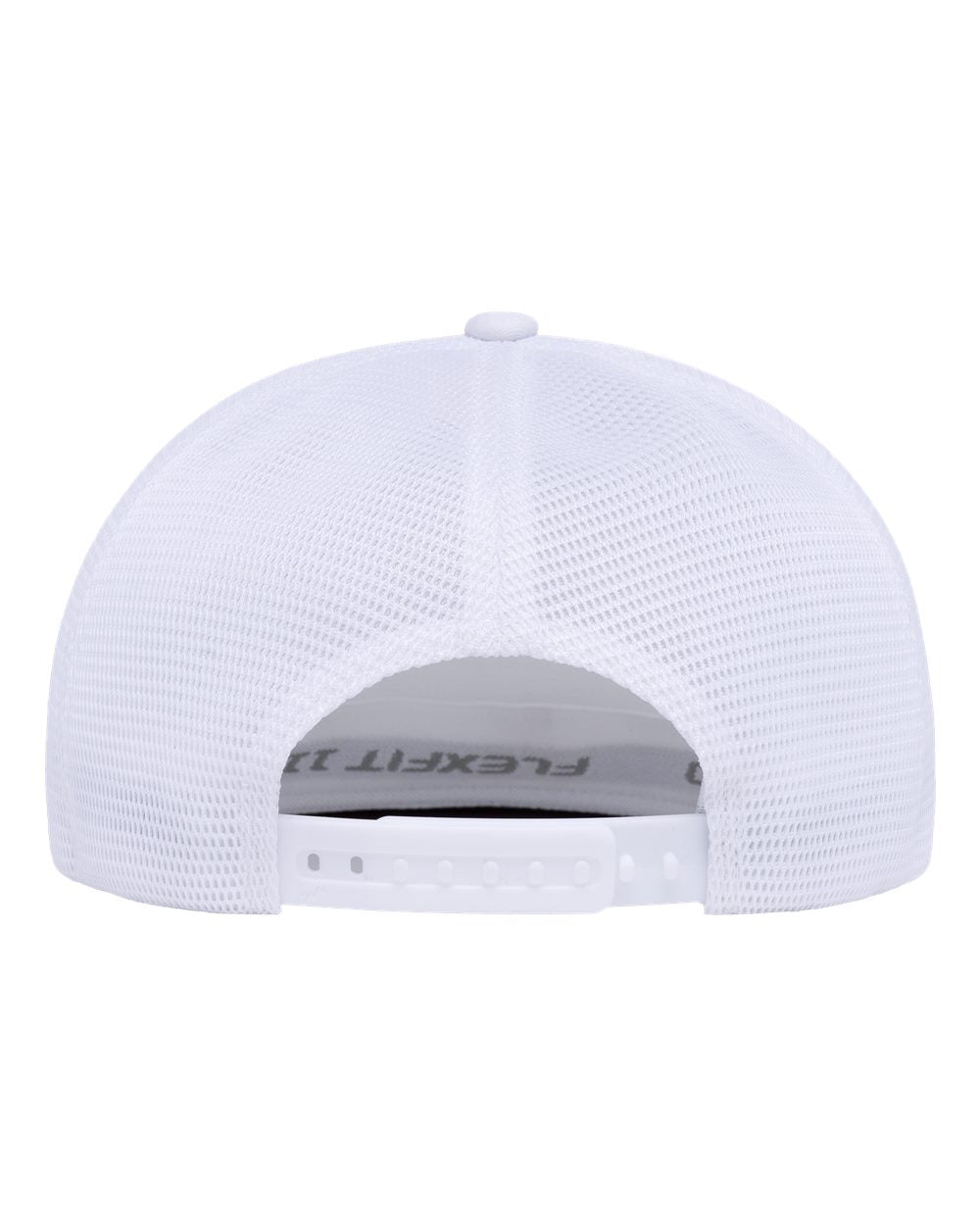 White mesh back baseball cap viewed from the back, featuring a white snapback closure and gray Flexfit branding printed on the inside.