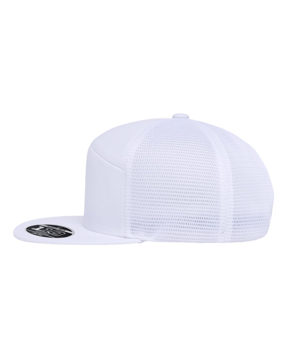 A white structured trucker cap with a mesh back and a flat visor.