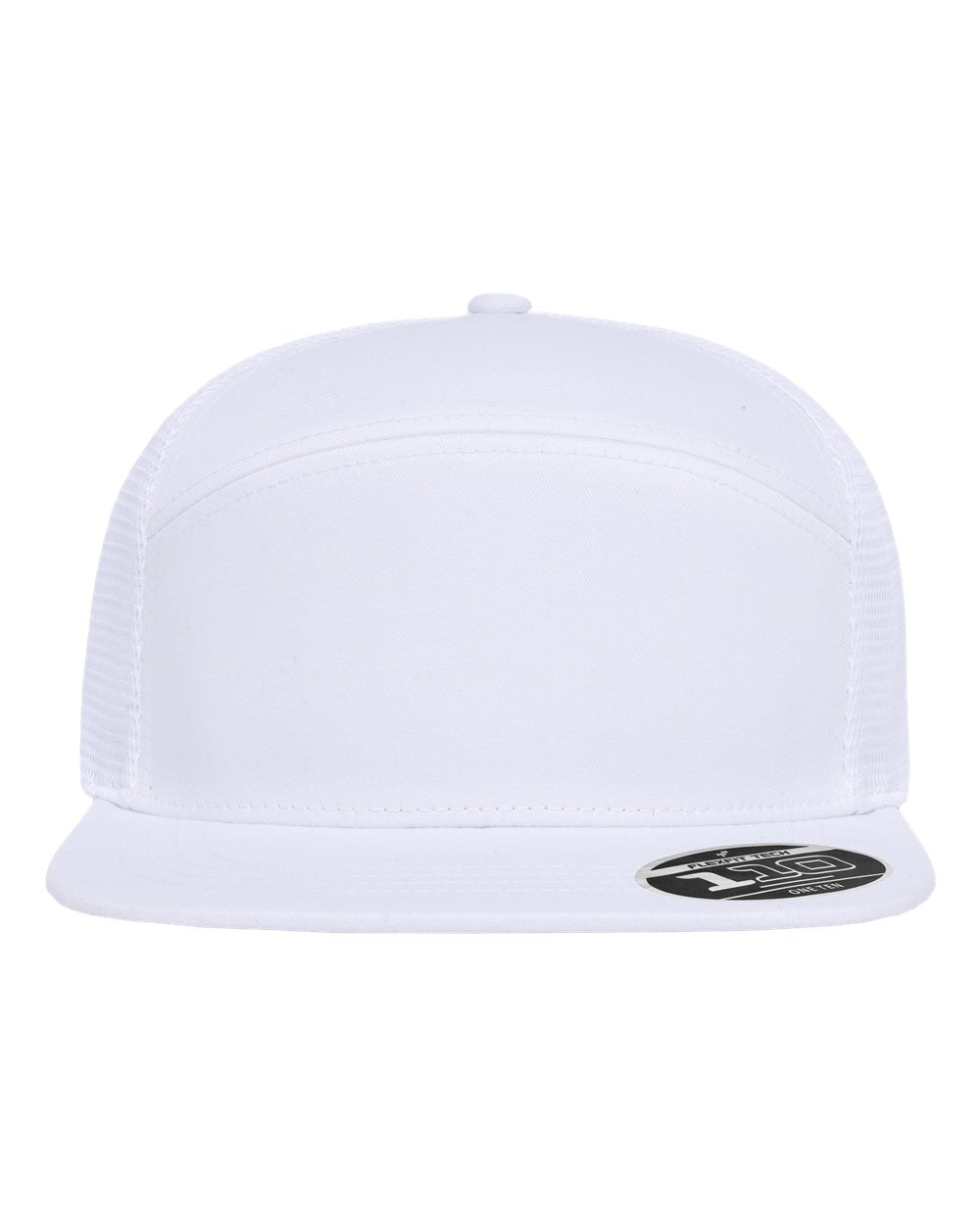 A white structured trucker cap with a flat brim and white mesh back panels, featuring a black and white 110 sticker on the brim.