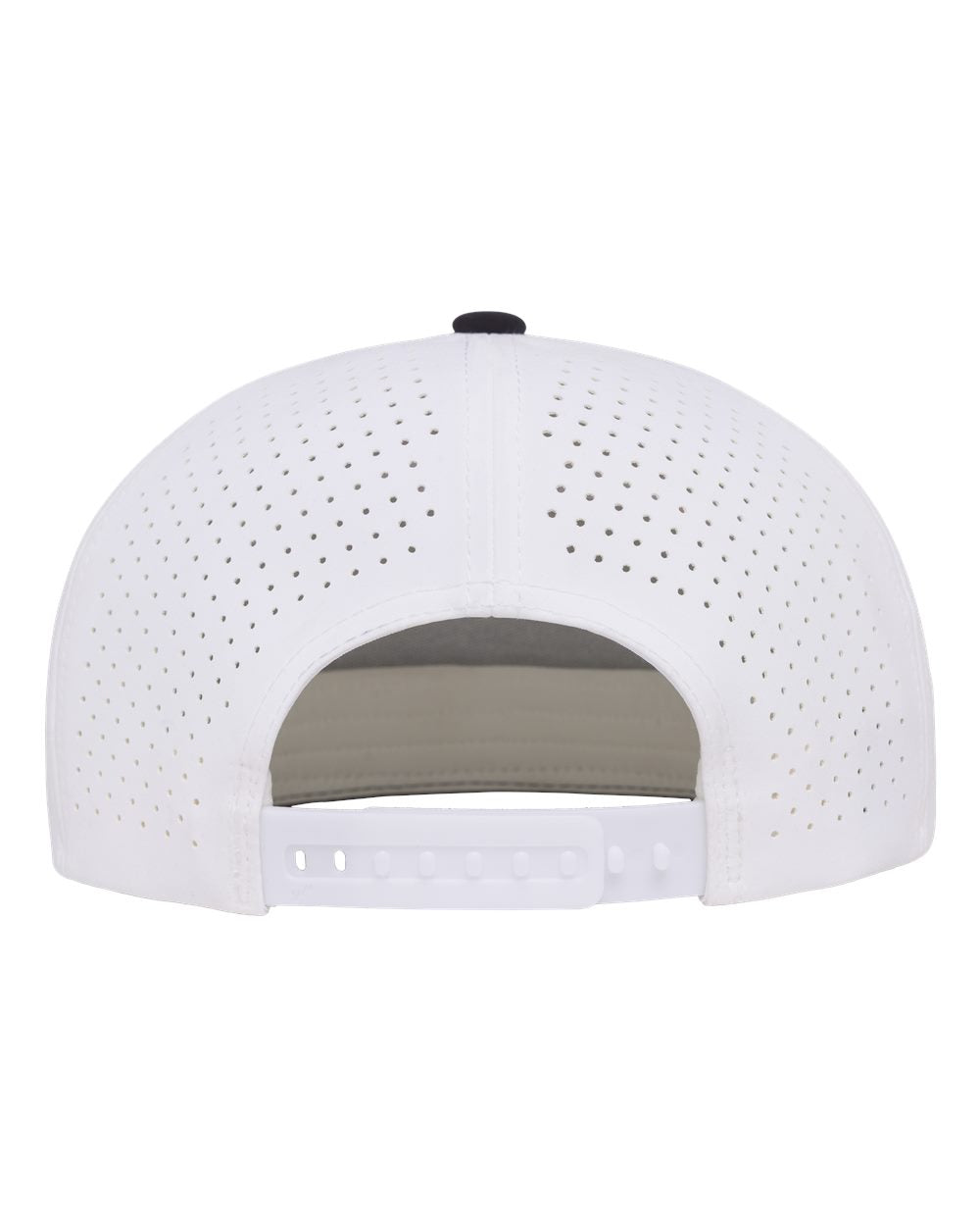 White structured baseball cap shown from the back, featuring a perforated fabric crown, a dark button on top, and an adjustable hook-and-loop strap closure.