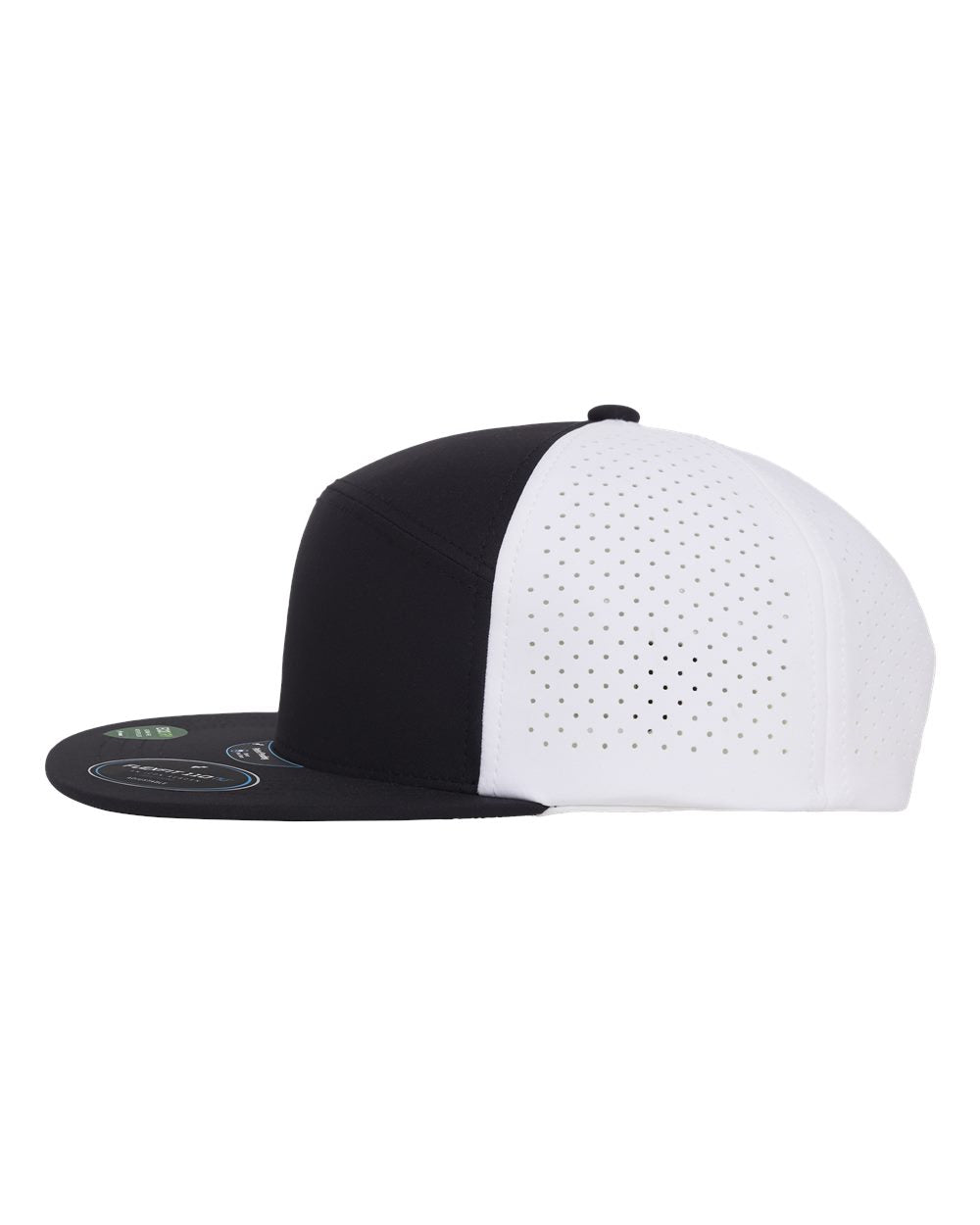 A two-tone baseball cap with a black front panel and brim, and a white perforated back panel.