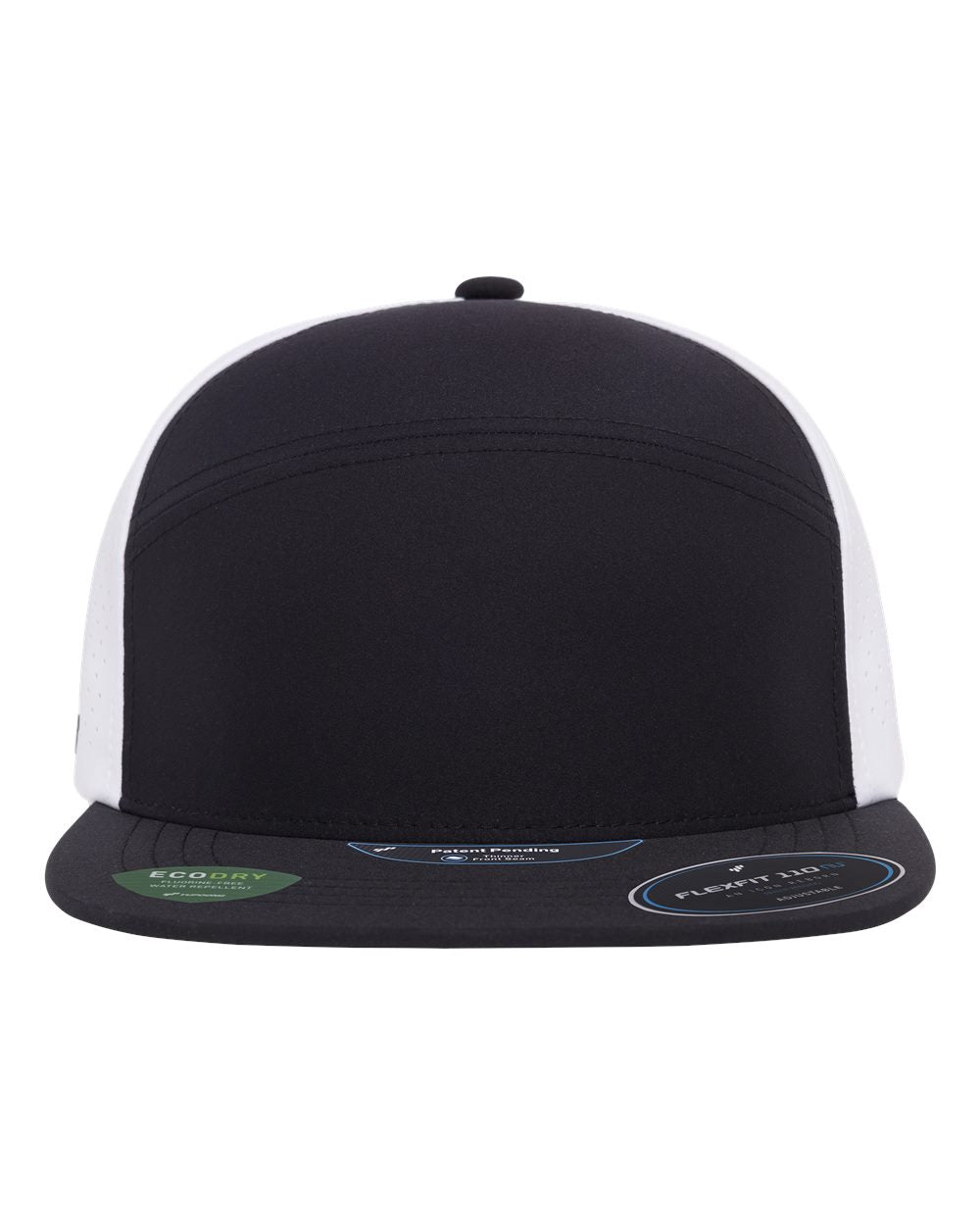A black and white trucker-style snapback cap with a structured black front panel and brim, and white mesh side panels.