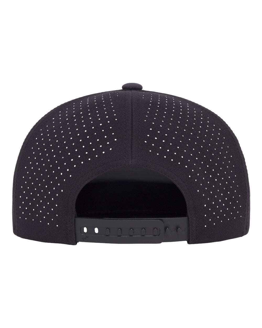 The back view of a charcoal & black baseball cap featuring perforated ventilation holes on the crown and a black adjustable snapback strap.