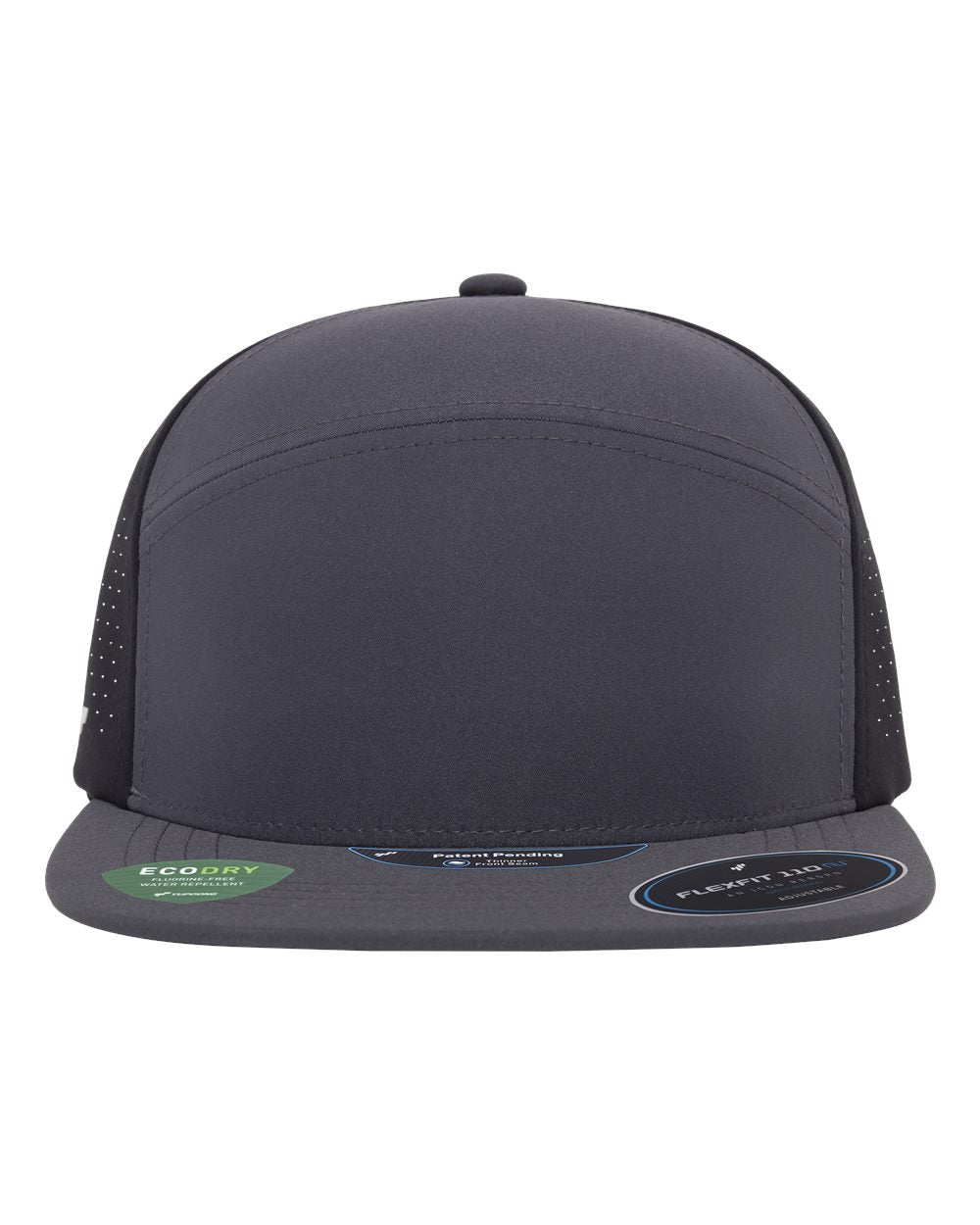 A charcoal flat-brim cap with perforated black mesh side panels.