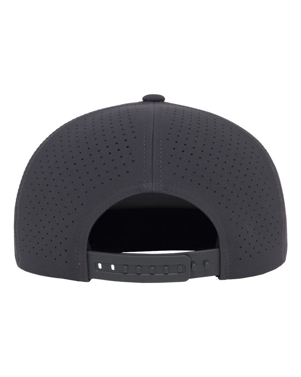 Rear view of a black structured baseball cap with perforated fabric.