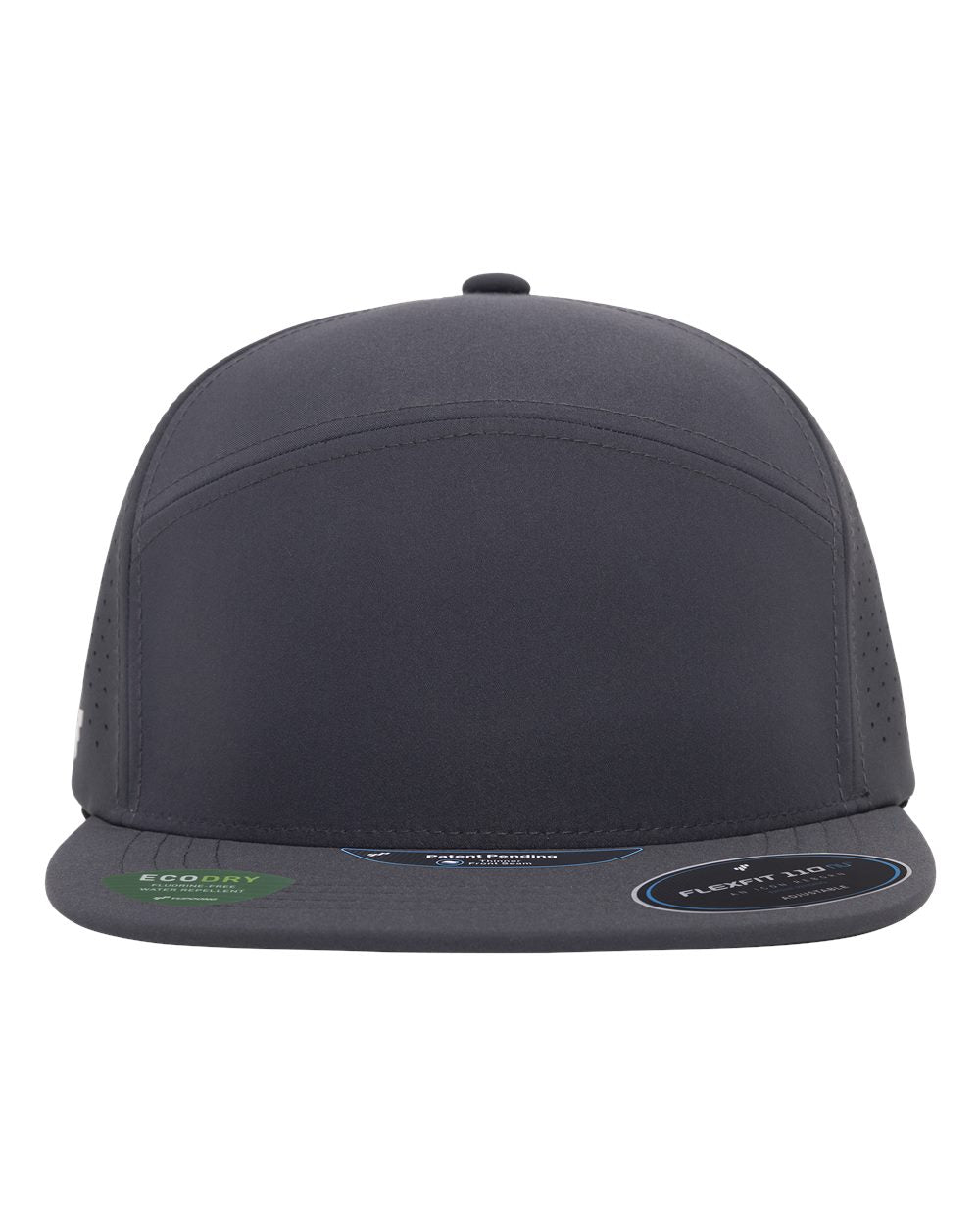 A dark gray flat-brim cap with a structured front panel and mesh side/back panels.