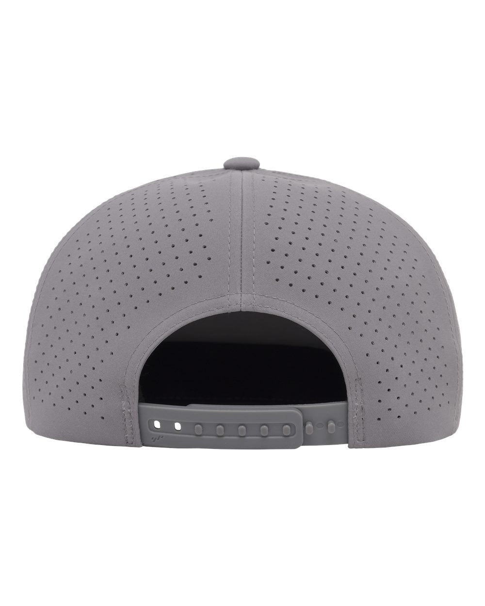 The back view of a gray snapback cap with perforated panels and an adjustable strap.