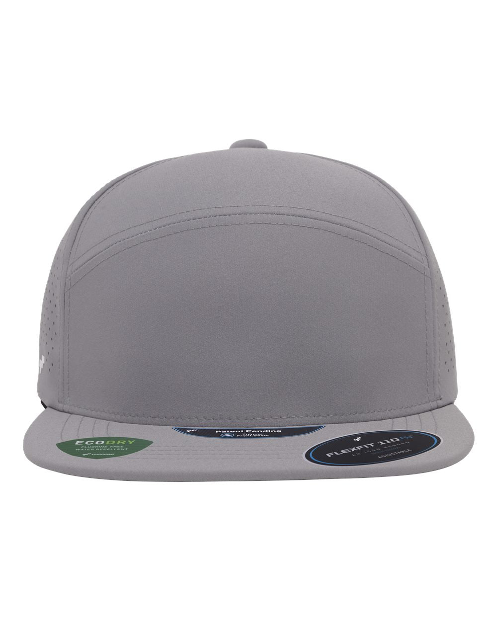 A greenish gray flat-brim cap with a structured front panel, side eyelets, and a curved brim. 