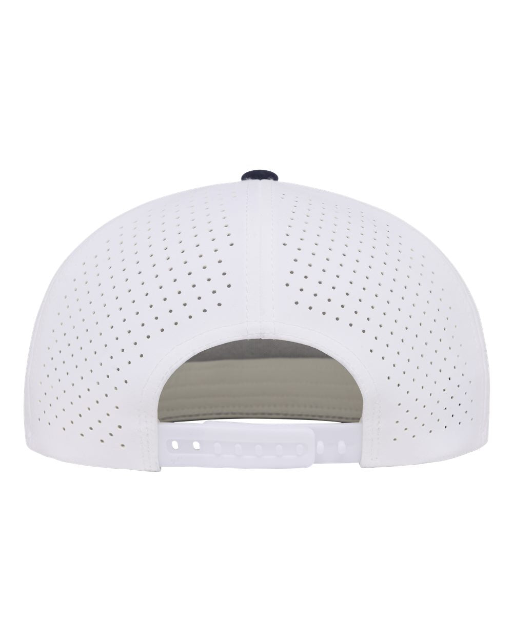 Navy & white perforated baseball cap shown from the back, featuring a curved snapback closure and a small dark button on top.