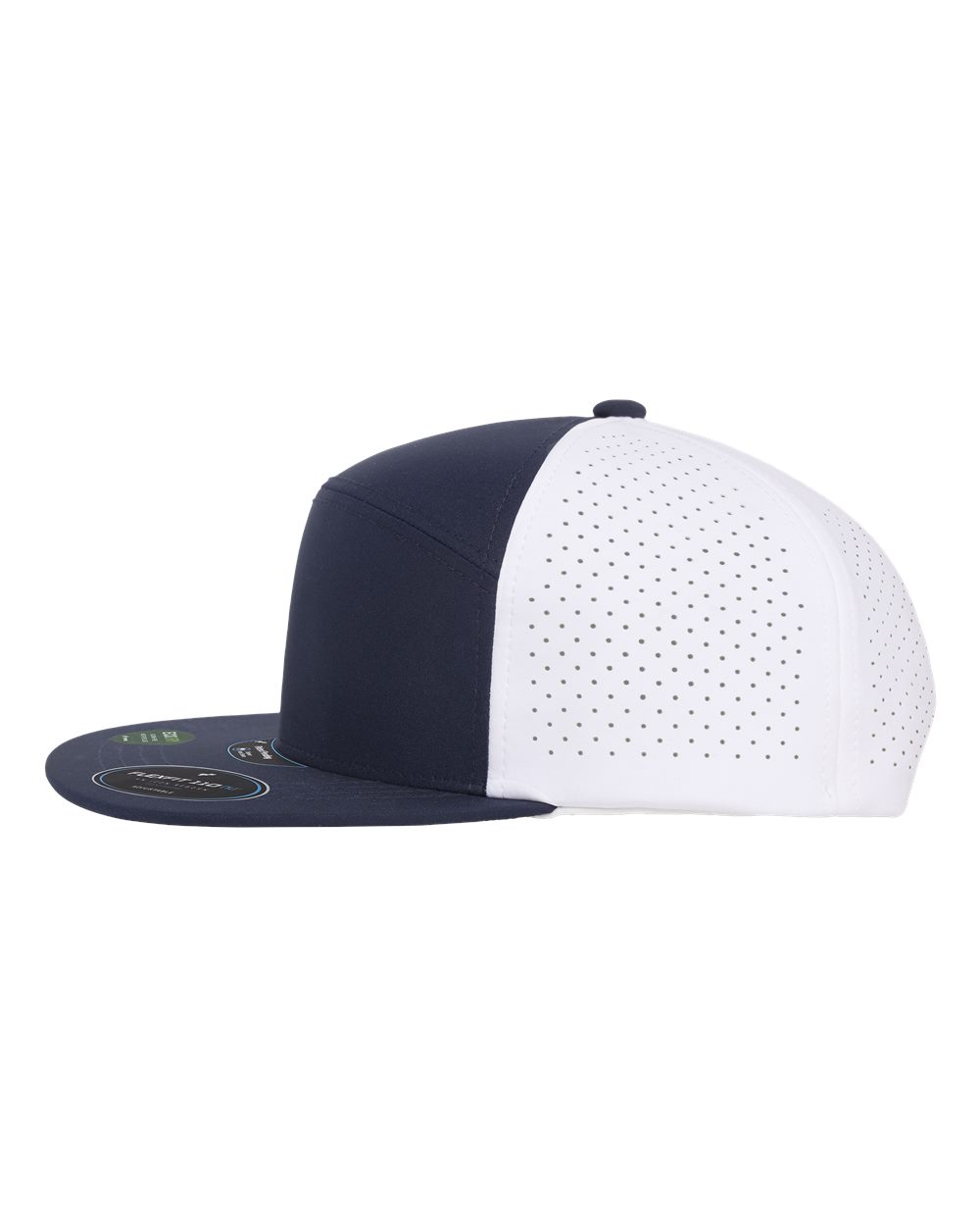 A structured baseball cap with a navy blue front panel and brim, and a white perforated mesh back.