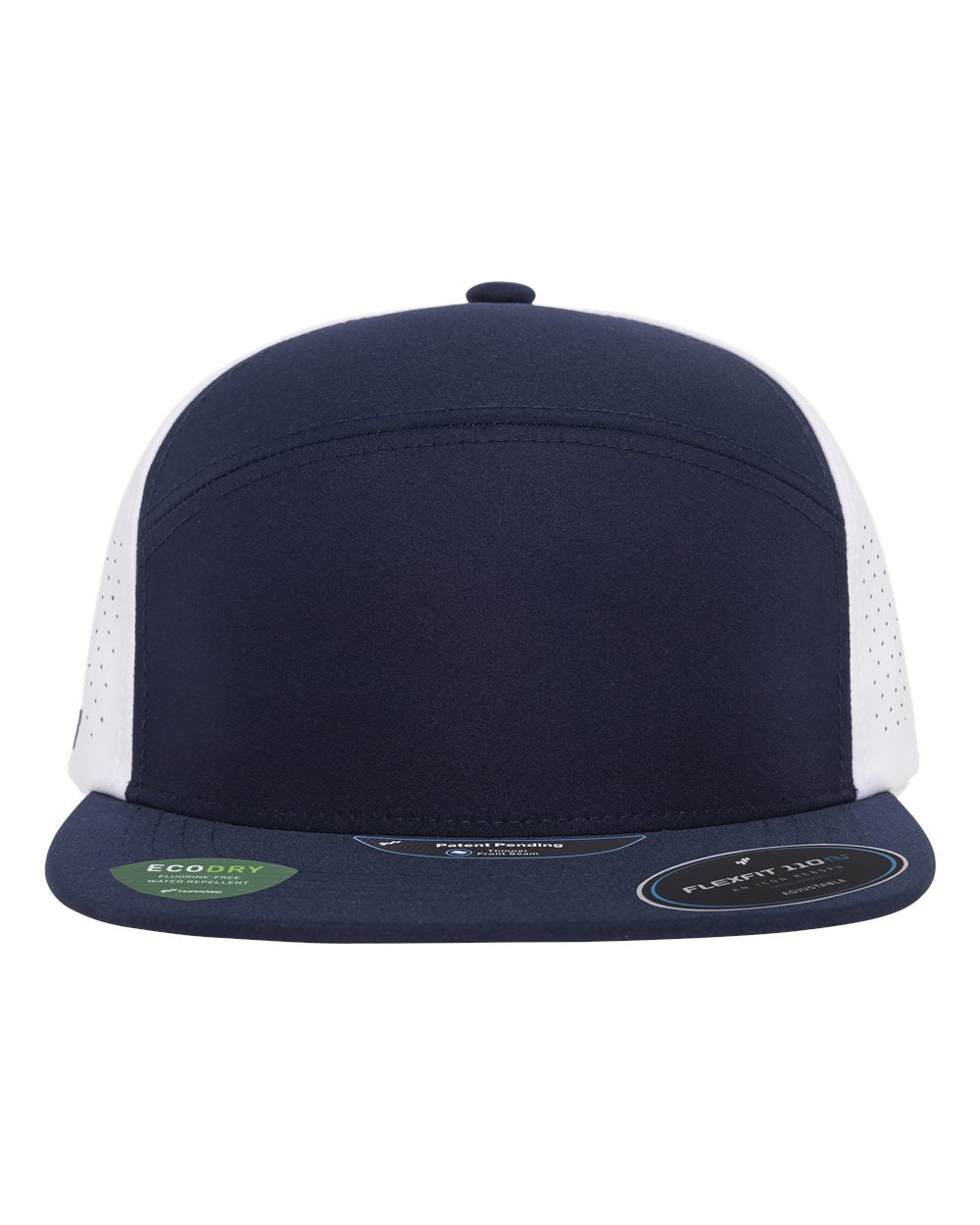 A navy blue and white trucker-style baseball cap. The front panel and brim are navy blue, while the back panels are white mesh with perforated details.