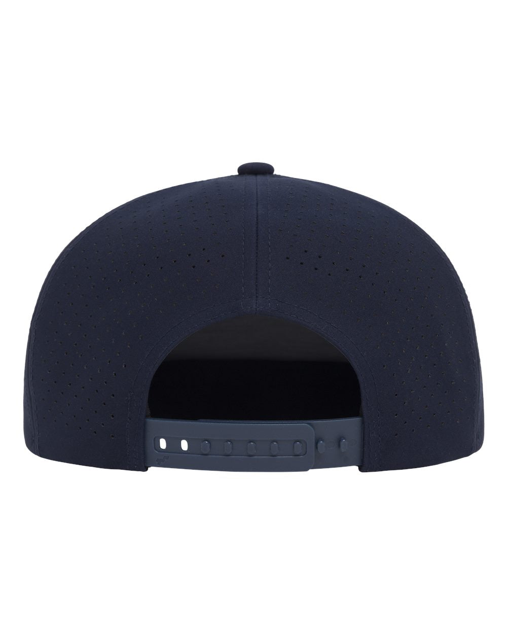 The back view of a navy blue structured snapback cap with a perforated fabric crown and an adjustable strap.
