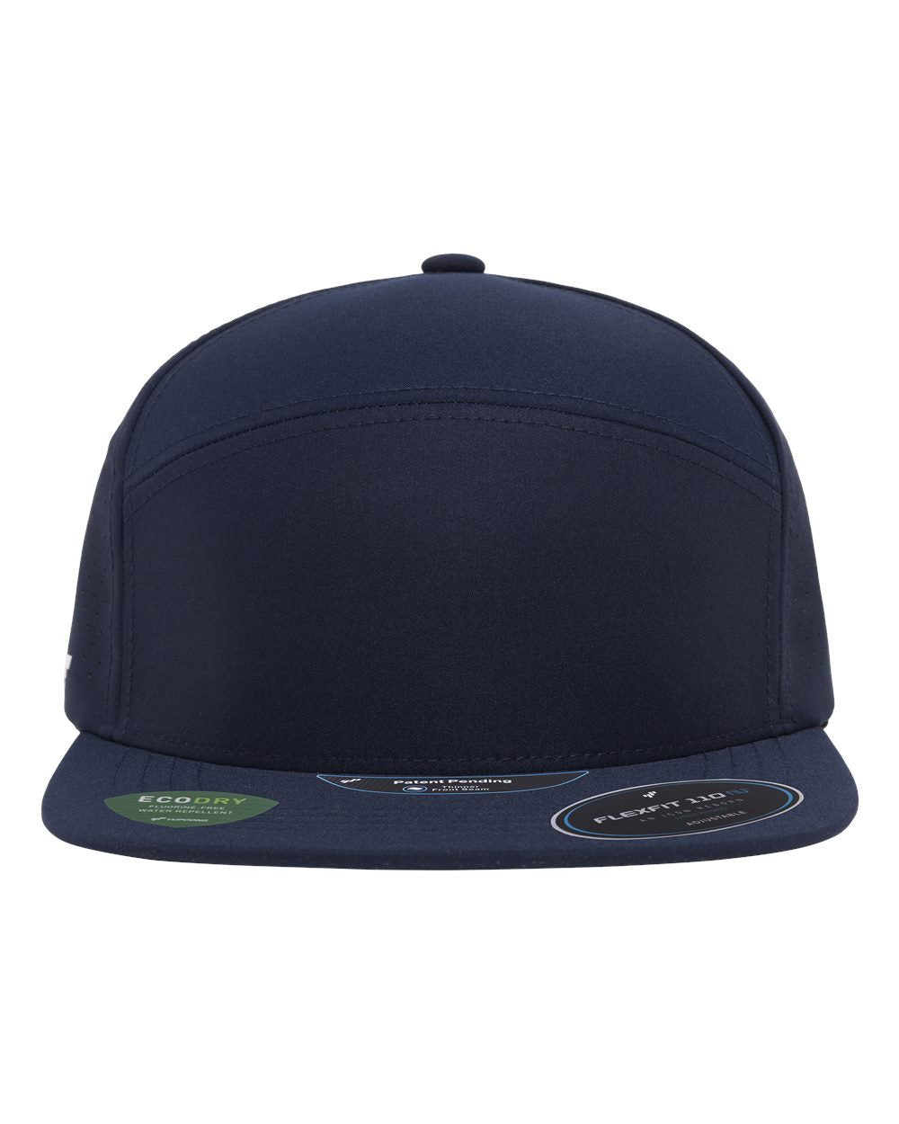 A navy blue flat-brim cap with a structured six-panel crown. 