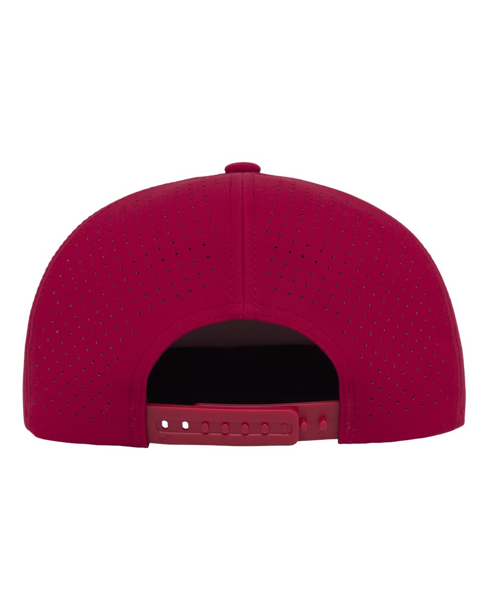 The back view of a structured baseball cap in a deep magenta or raspberry red color, featuring a perforated texture on the crown and a matching adjustable snapback closure.