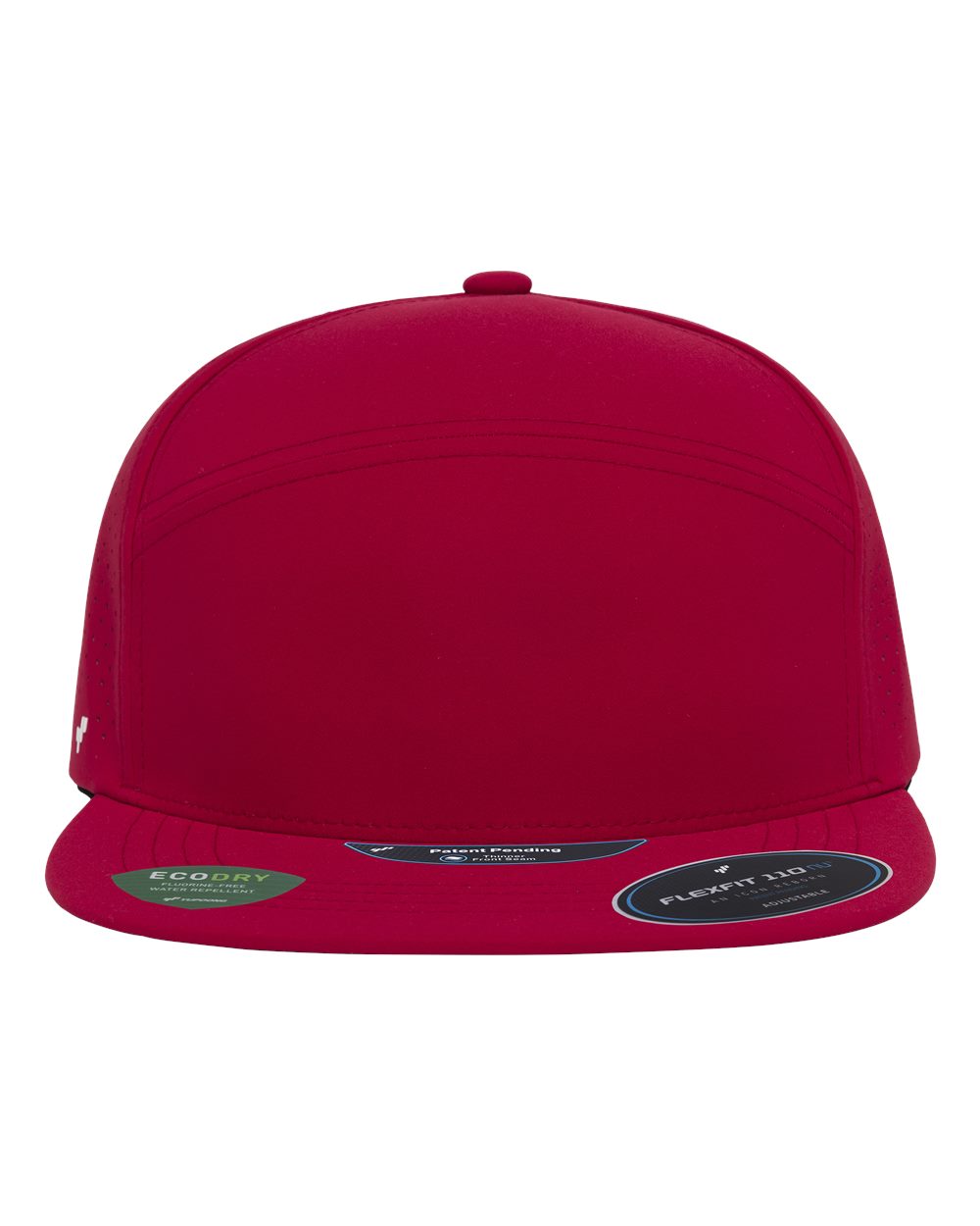 A flat-brim baseball cap in a solid deep red color, featuring a structured crown and a curved brim with product labels on the underside.