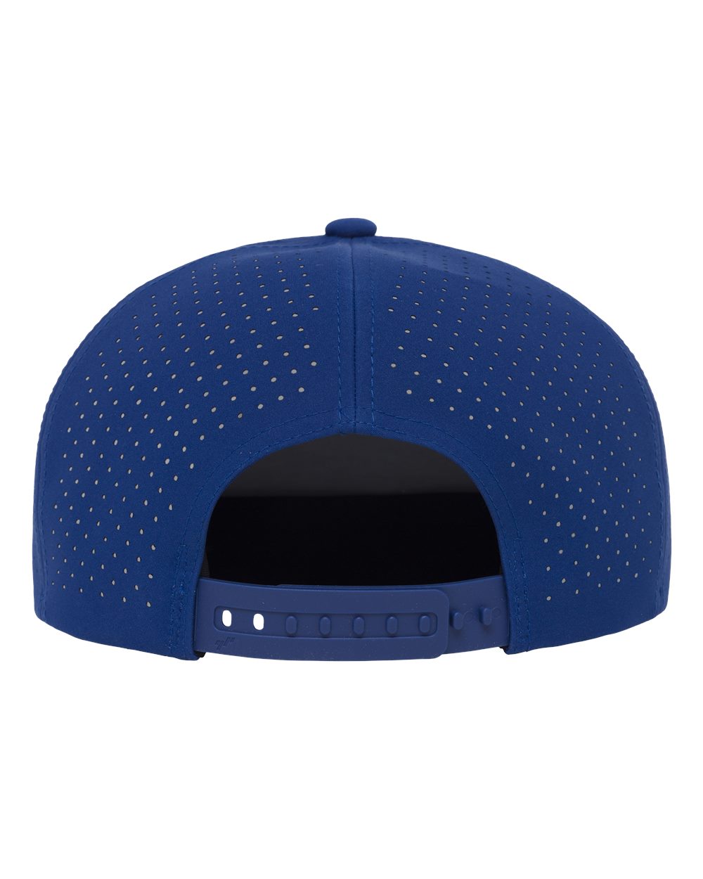 The back view of a royal blue baseball cap with a perforated fabric design and an adjustable snapback closure.