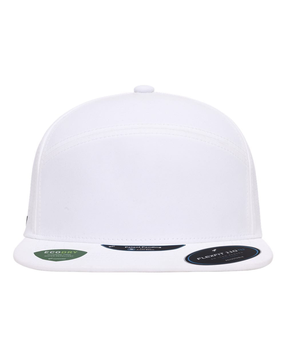 White Flexfit 110AR3 cap with flat brim, shown from the front.