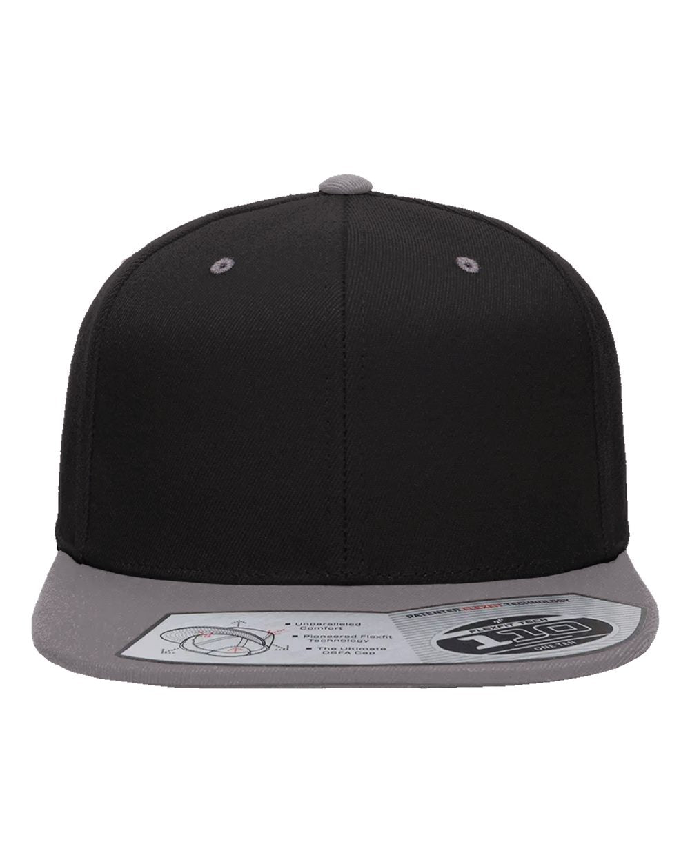 Black and gray cap with a brand label on a white background
