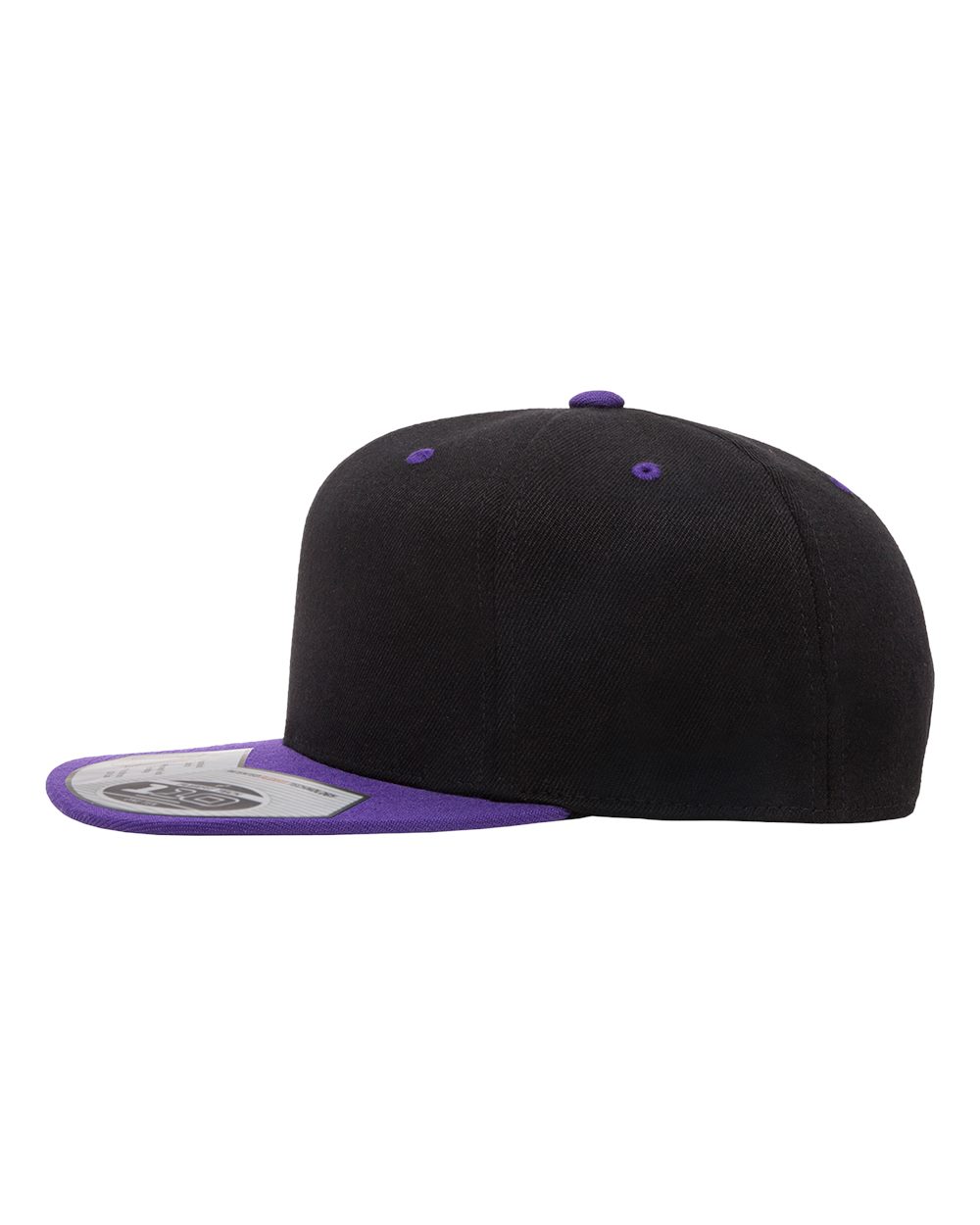 Purple and black cap with a white logo on a white background