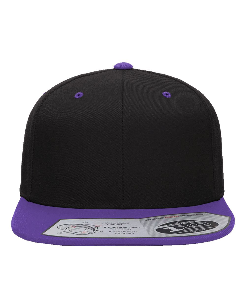 Black and purple cap with a brand label on a white background