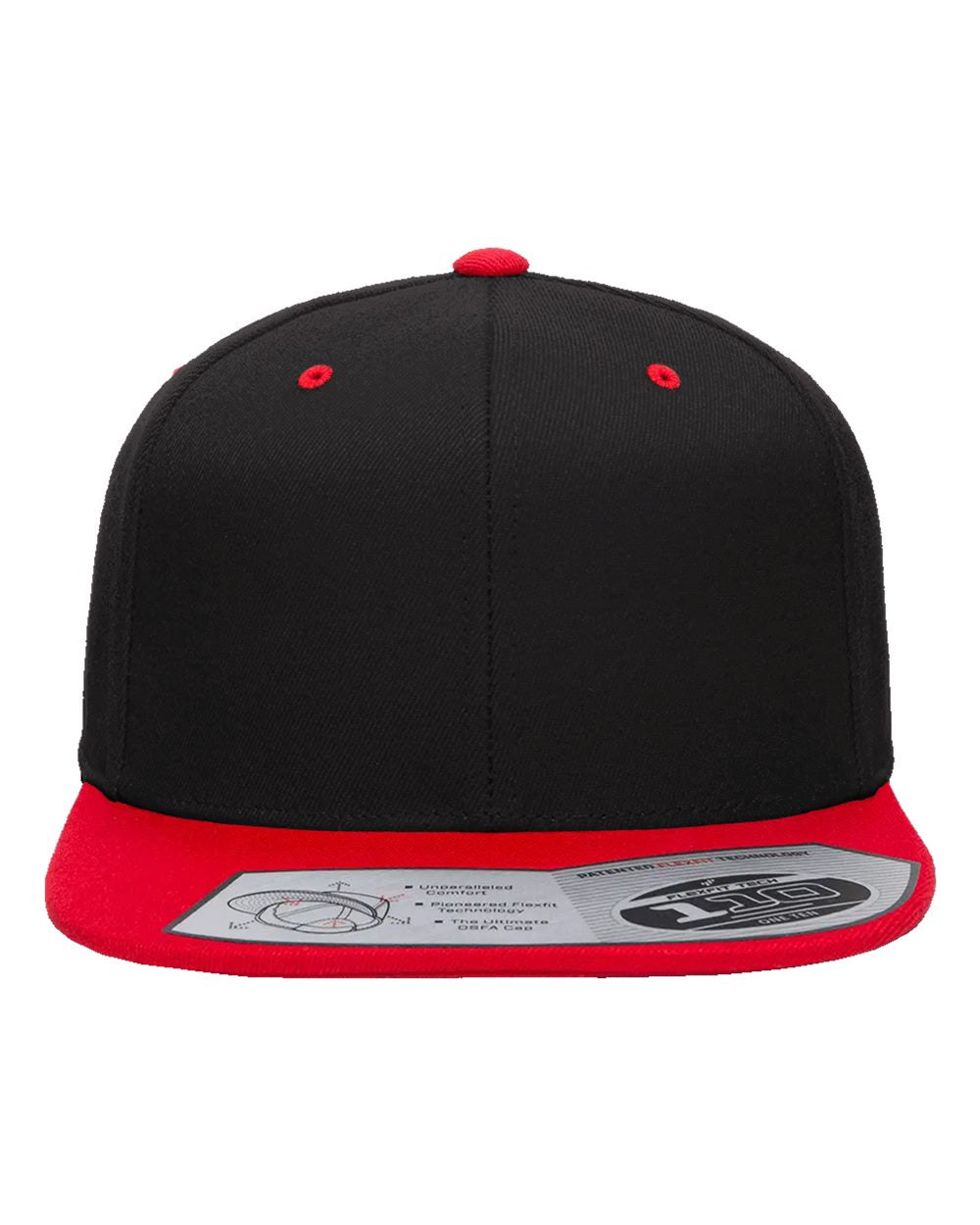Black and red cap with a brand label on a white background
