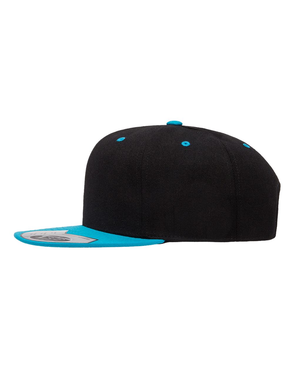 Black cap with teal visor on a white background