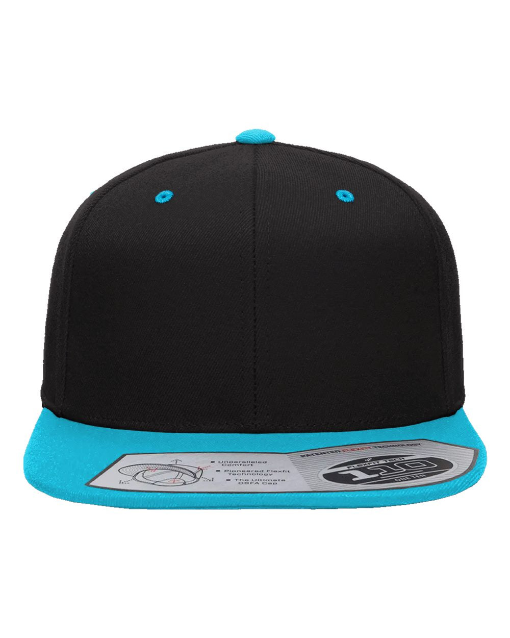 Black and teal cap with a brand label on a white background