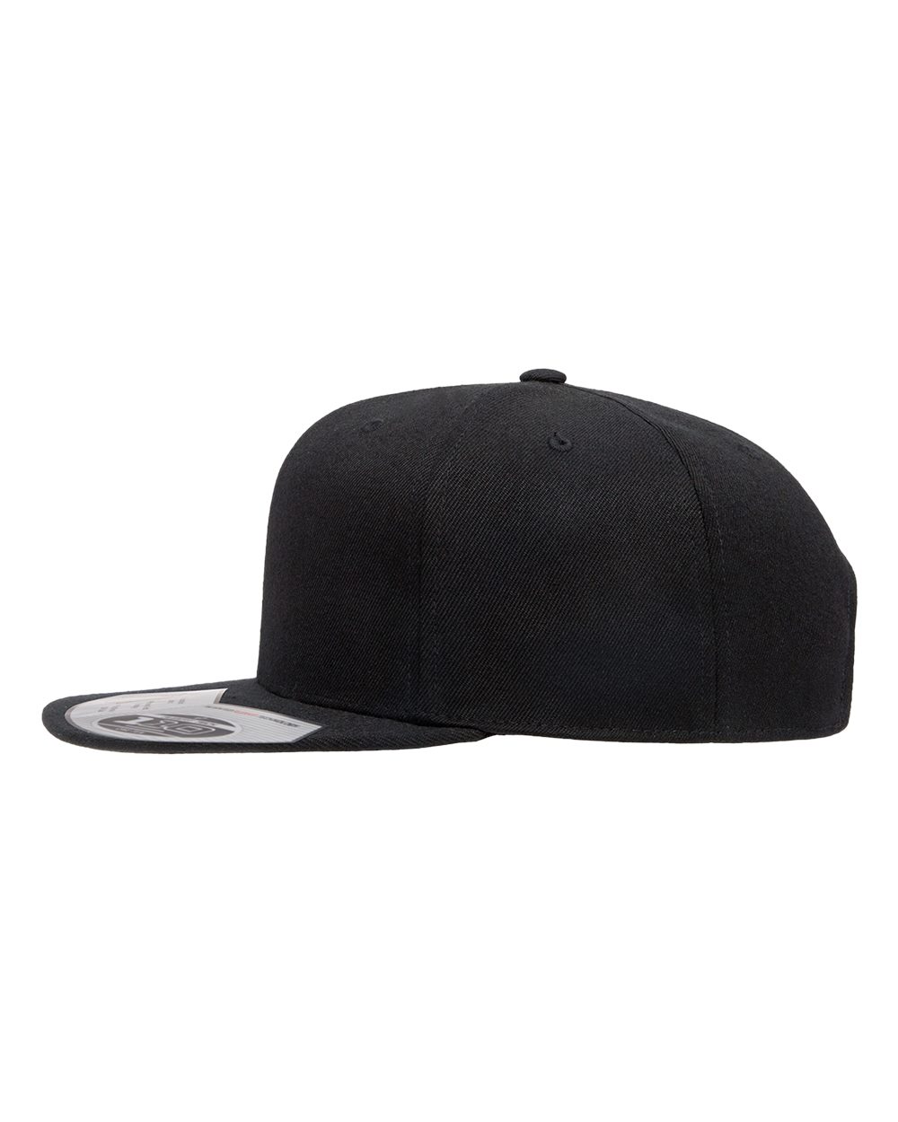Black cap with a white logo on a white background