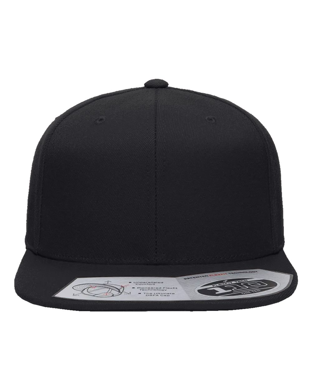 A black flat-brim snapback cap with a white and black size sticker on the brim, shown against a plain white background.