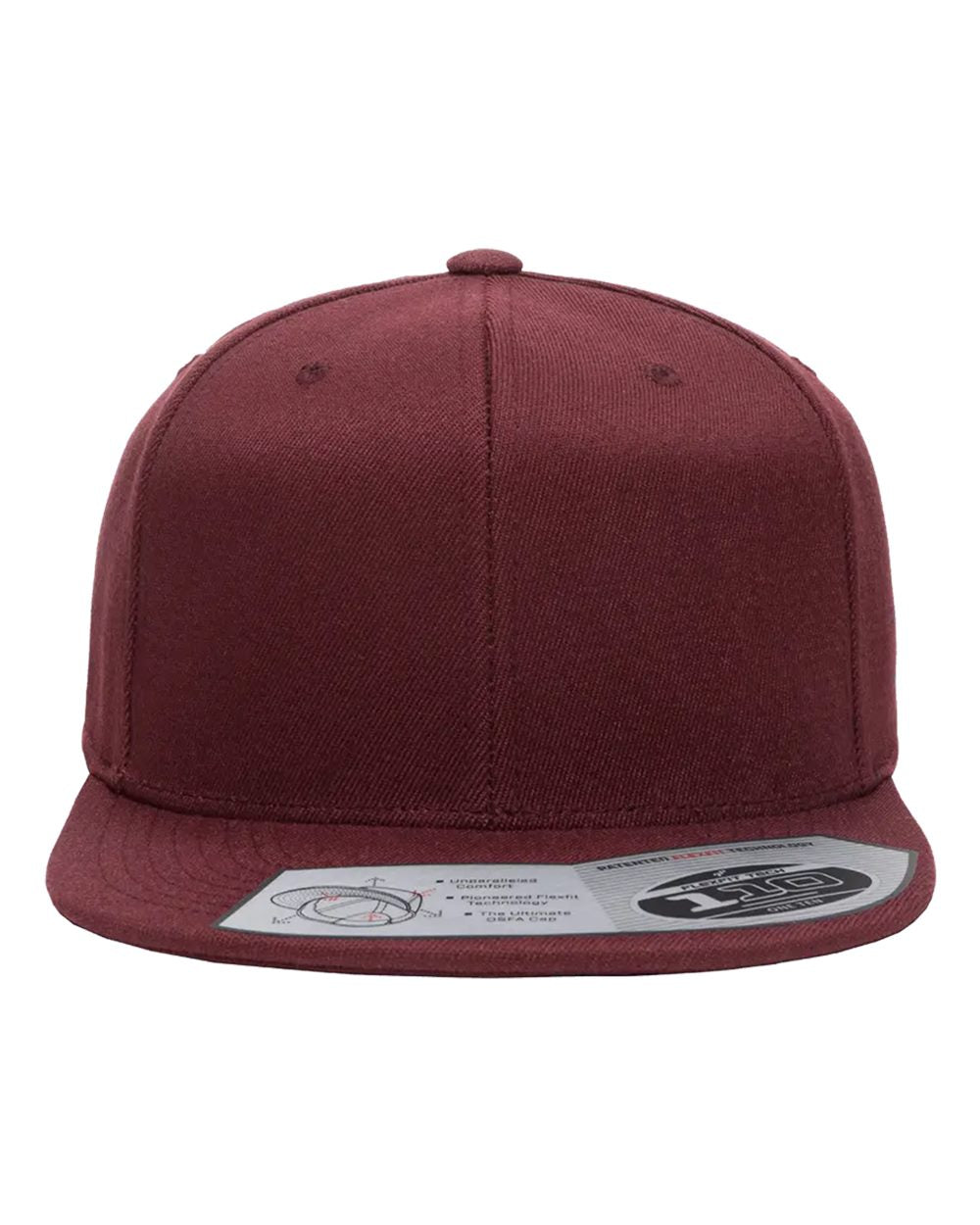 Maroon baseball cap with a brand label on a white background