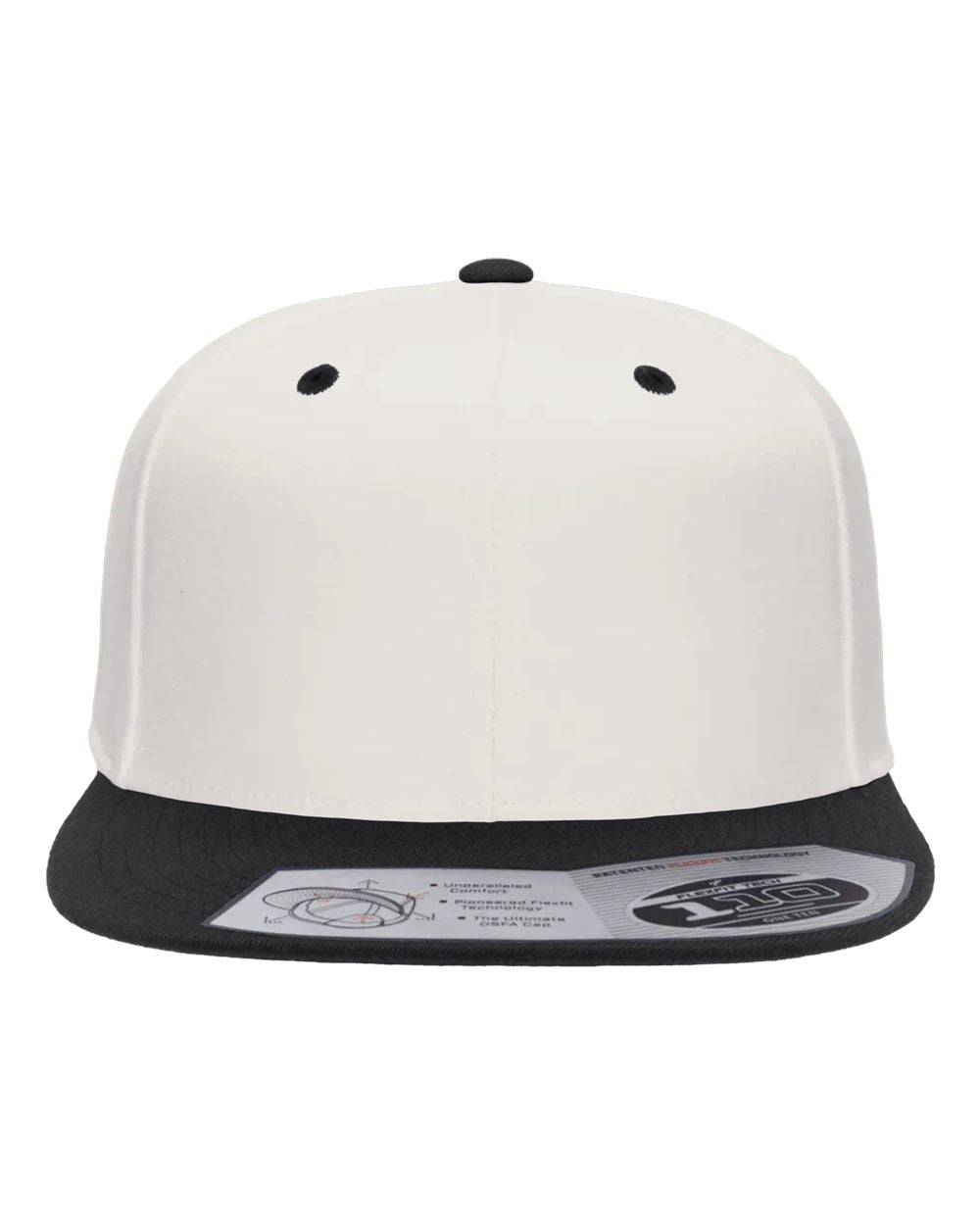 Beige and black cap with a brand label on a white background