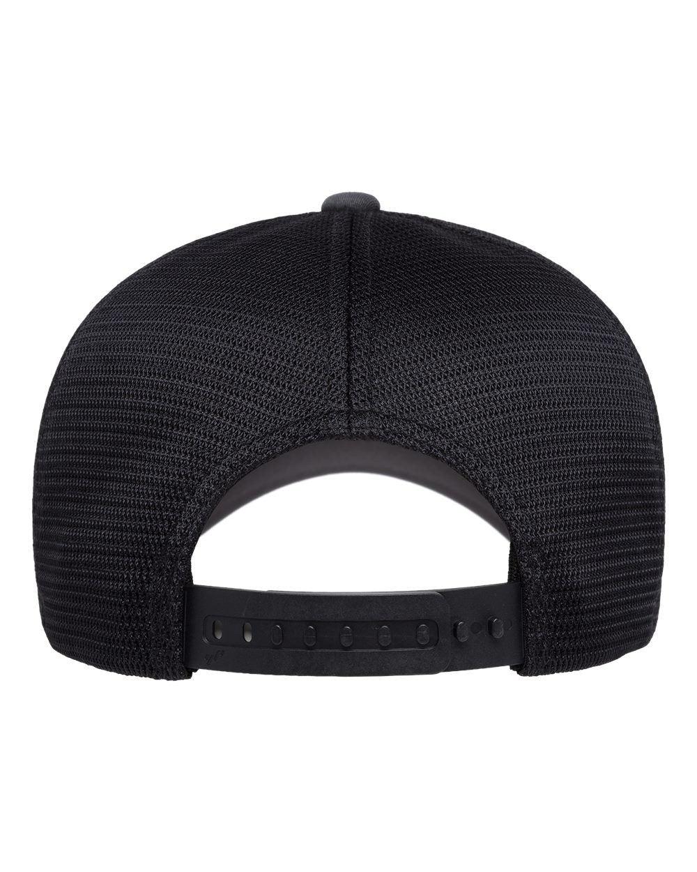 Rear view of a black trucker-style baseball cap with a structured mesh crown and an adjustable snapback closure, shown on a plain white background.