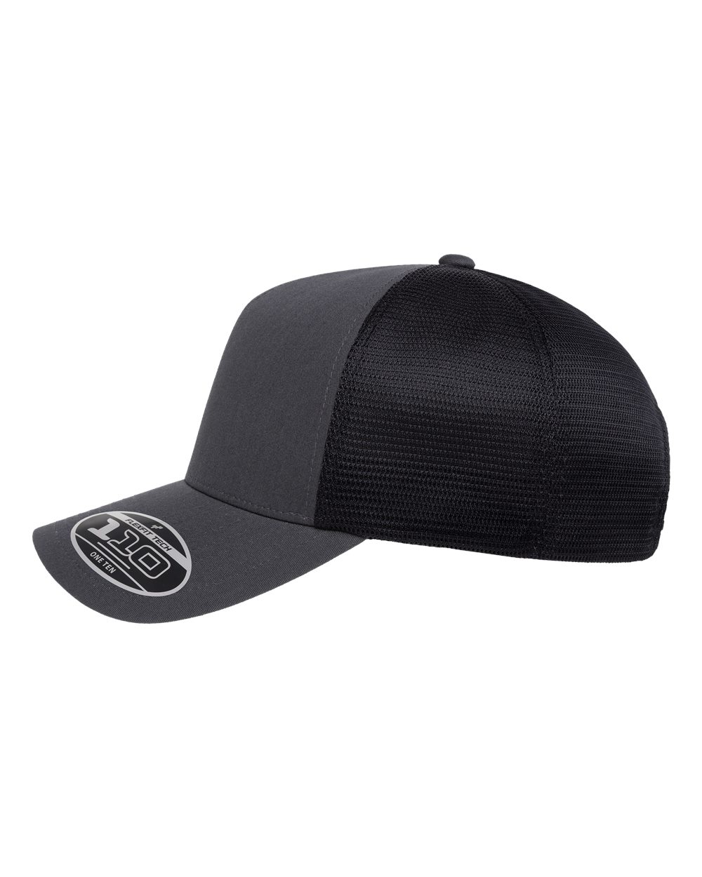 A dark gray and black trucker-style baseball cap with a curved brim, featuring a black mesh back and a circular logo patch on the brim.