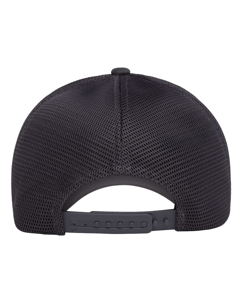 Rear view of a black mesh baseball cap with an adjustable snapback closure, shown on a plain white background.