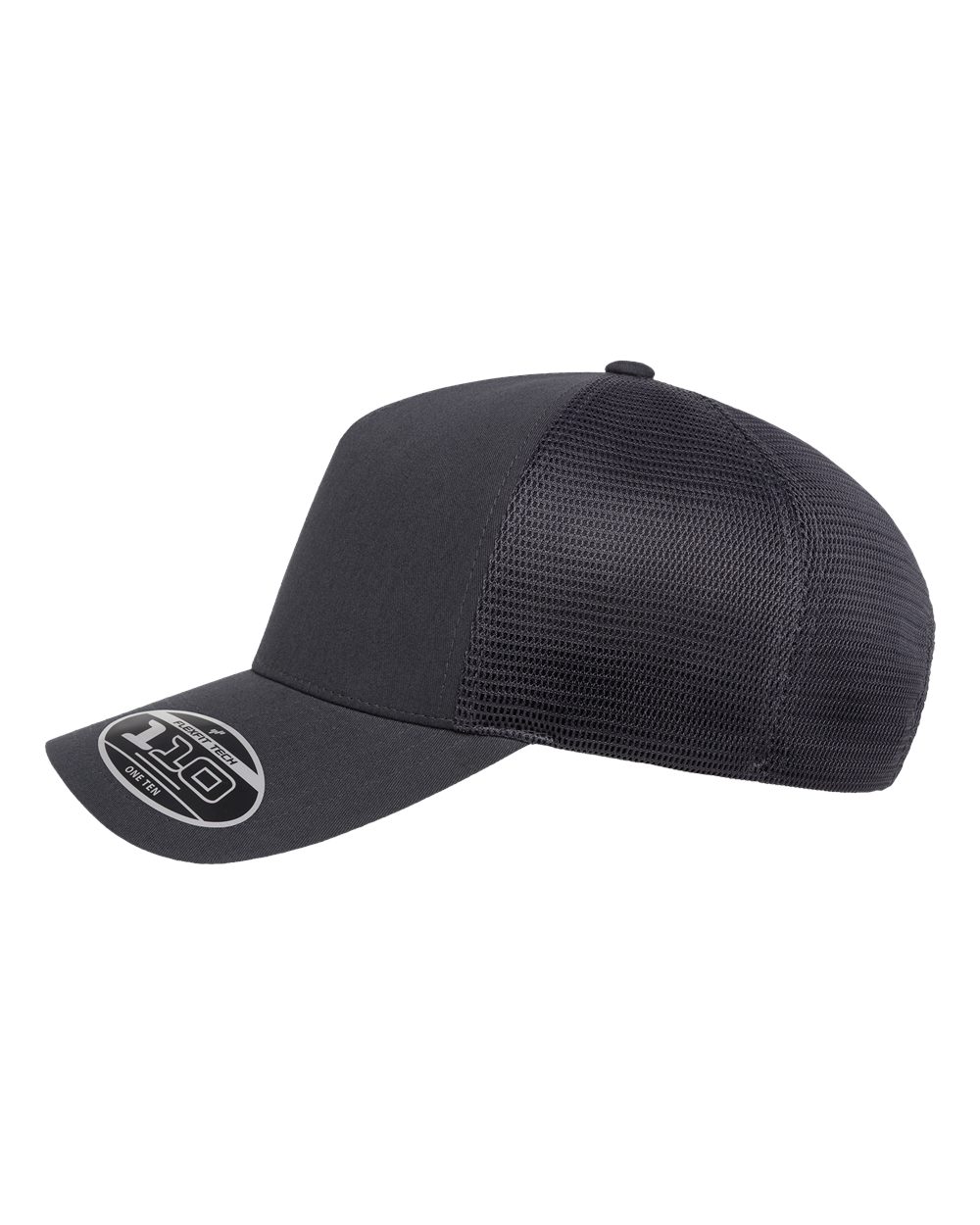 A charcoal trucker-style baseball cap with a structured front panel, black mesh back panels, and a curved brim featuring a circular white and black logo patch.
