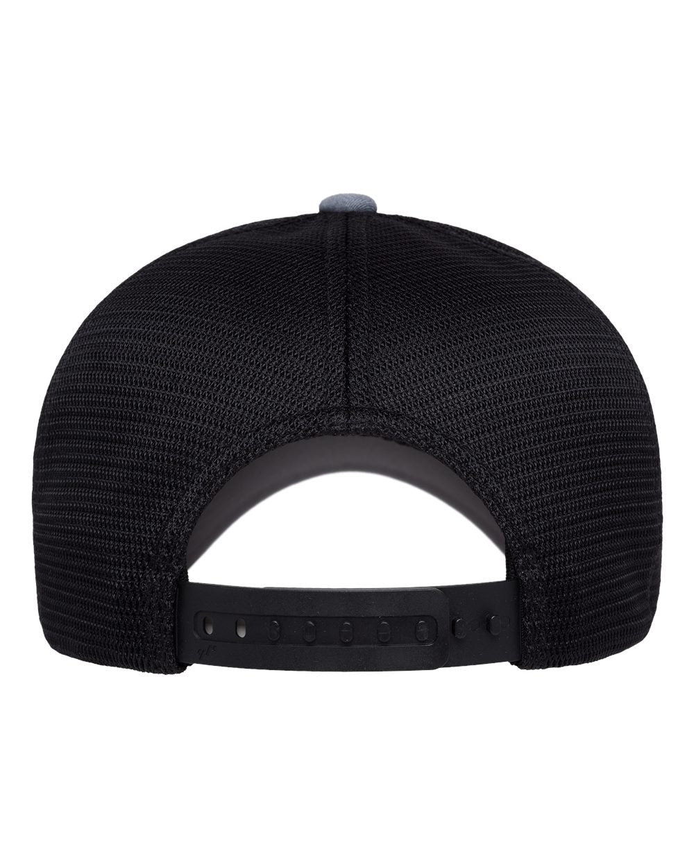 Rear view of a black trucker-style baseball cap with a black mesh back and an adjustable snap closure, shown on a plain white background.