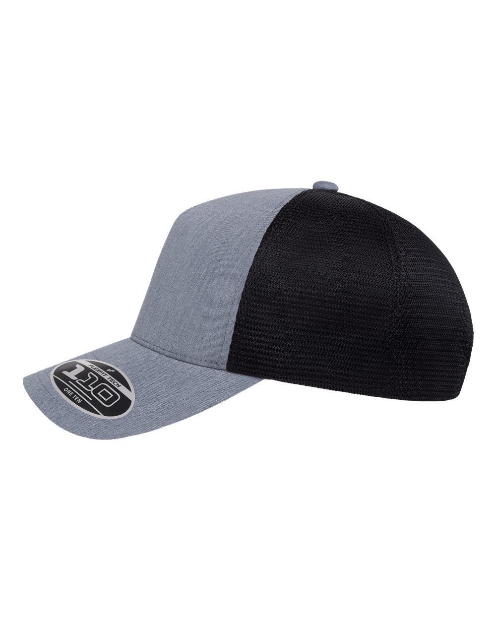 Gray and black cap with a brand logo on a white background