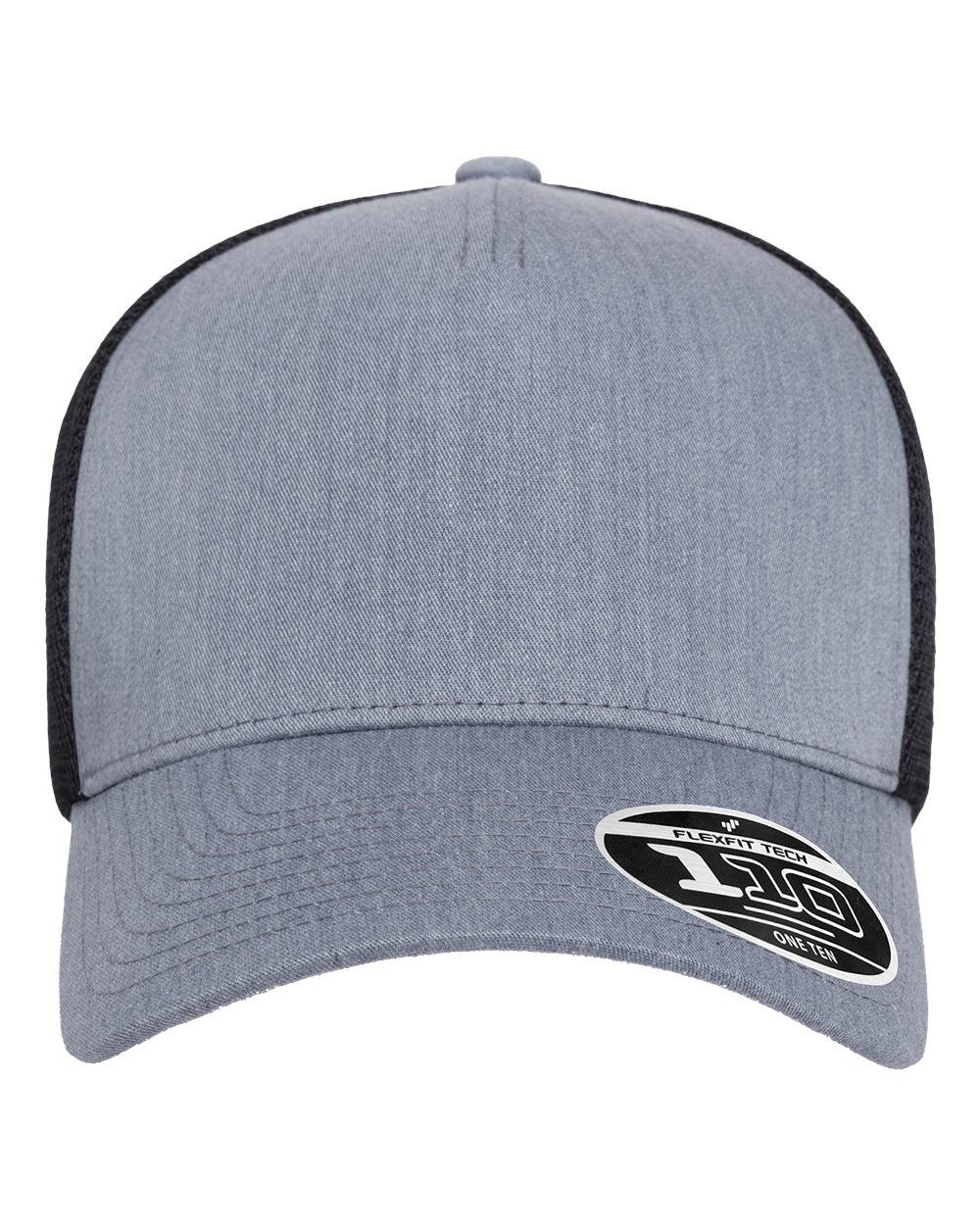 A heather gray structured trucker-style baseball cap with black mesh side panels and a black-and-white curved brim patch.