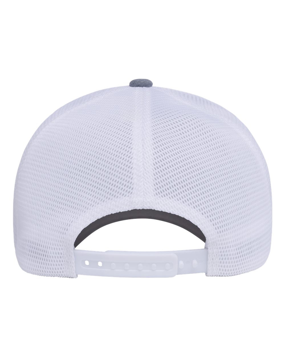 White mesh back baseball cap viewed from the rear, featuring a white plastic snap closure and a small gray button on top.