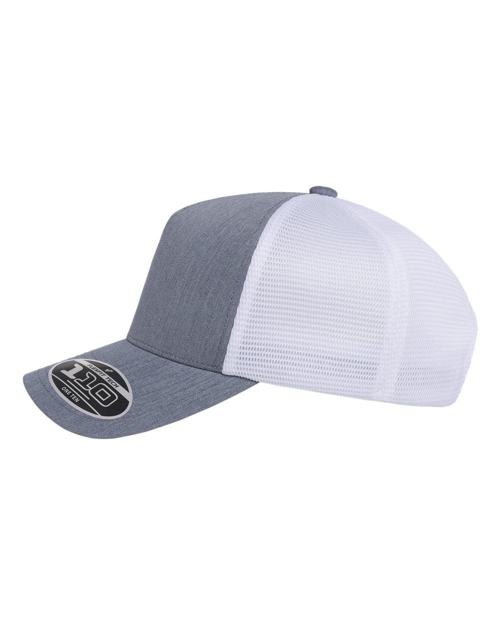 A two-tone trucker cap with a heather gray front panel and brim, and a white mesh back, shown on a plain white background.