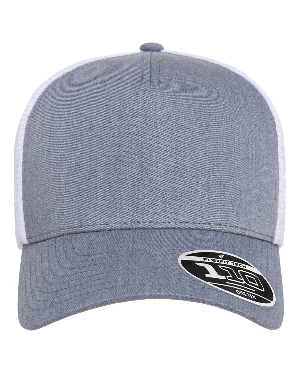A heather gray trucker-style baseball cap with a white mesh back