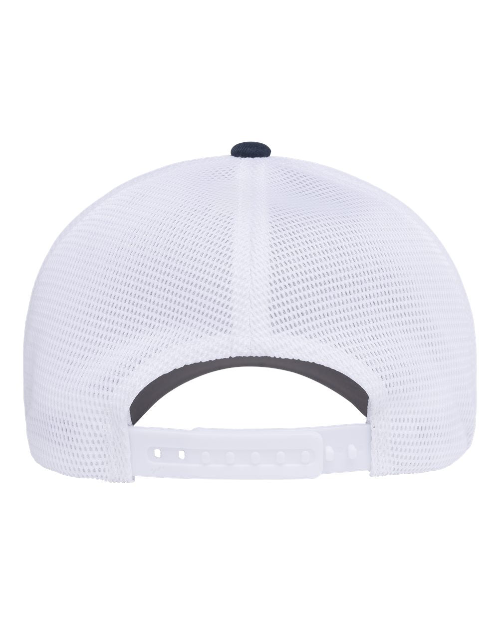 White mesh trucker cap shown from the back, featuring a white adjustable snap strap and a small dark button on top.