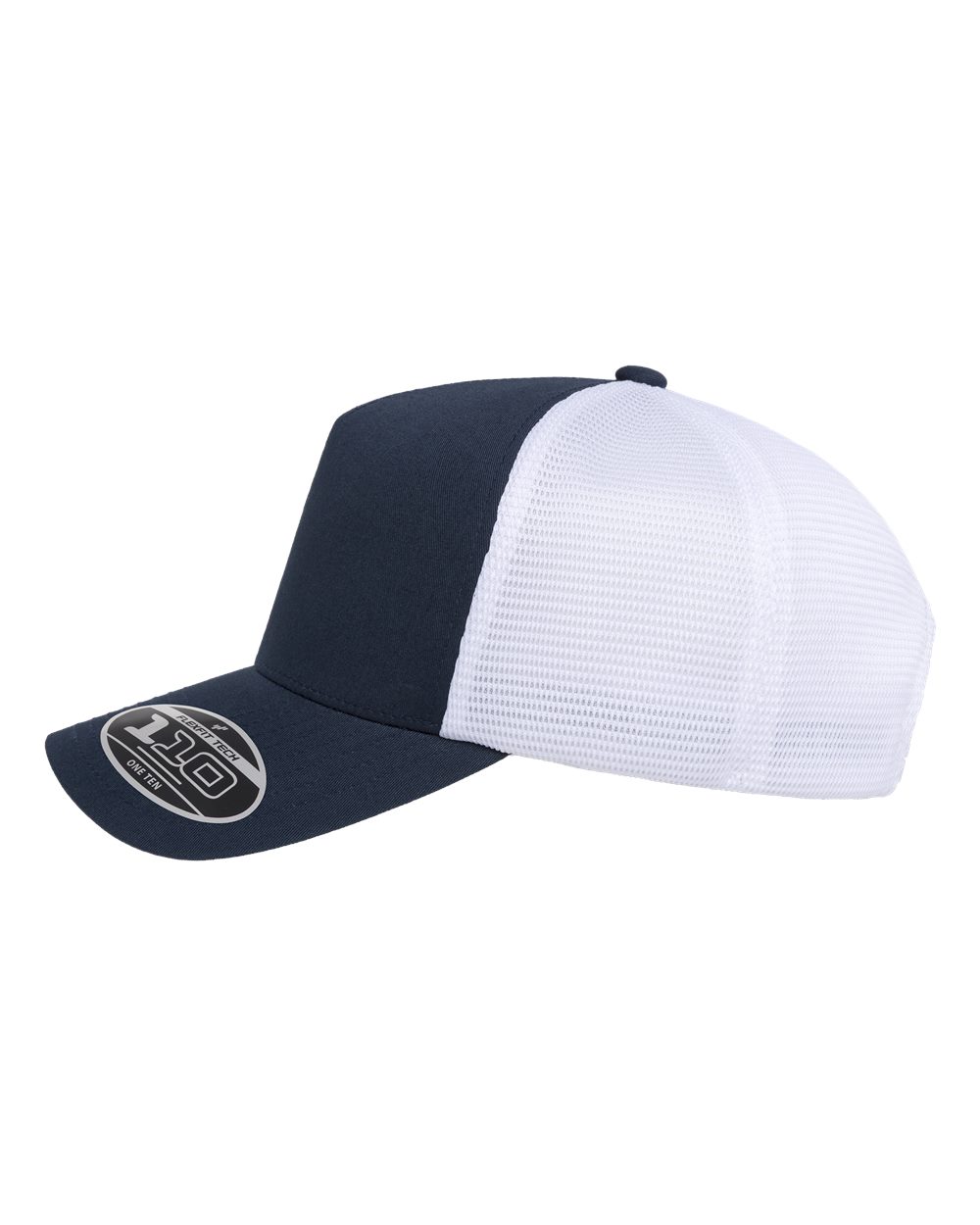 A trucker cap with a navy blue front panel and brim, and a white mesh back, featuring a circular logo patch on the brim.