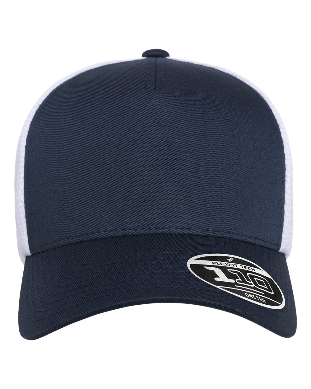A navy blue trucker-style baseball cap with white mesh back panels and a white embroidered oval logo patch on the brim, shown against a plain white background.